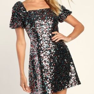 Lulu's Small Crave it Like Candy Blue Red Multi Sequin Puff Sleeve Mini Dress